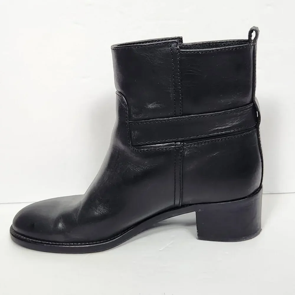 J CREW Black Leather Ankle Boots Womens Size 8 US Buckle Block Heel Booties